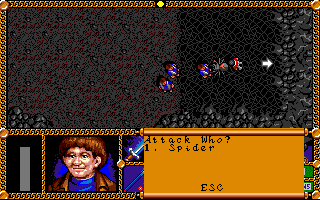 J.R.R. Tolkien's The Lord of the Rings, Vol. I (Amiga) screenshot: A spider appears and combat begins. Frodo attacks.