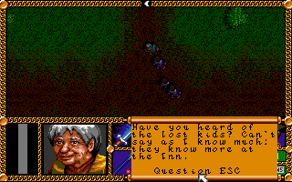 J.R.R. Tolkien's The Lord of the Rings, Vol. I (Amiga) screenshot: The Gaffer asks you about missing children.