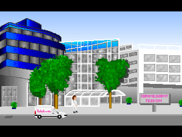 Das Telekommando (DOS) screenshot: Arriving at the Telekom building (your place of employment).
