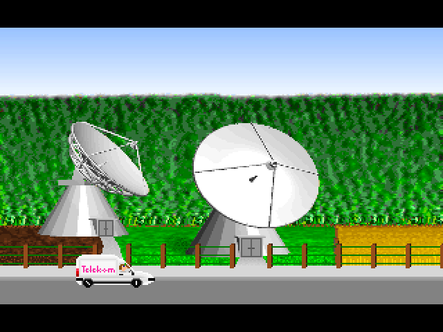 Das Telekommando (DOS) screenshot: Driving to the radio dishes of the town.