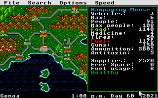 Roadwar Europa (Atari ST) screenshot: Mani game screen, game map to the left and status to the right