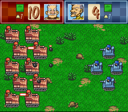 Super Famicom Wars (SNES) screenshot: Red will surely win this encounter.