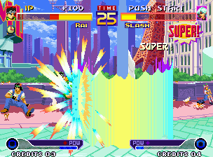 Waku Waku 7 (Neo Geo) screenshot: Suddenly, Rai's approaching attempt is hit-frustrated accurately by Slash's "Super Mode" activation.