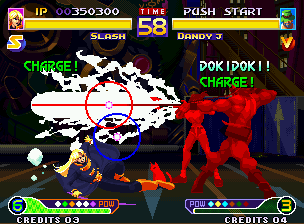 Waku Waku 7 (Neo Geo) screenshot: Slash uses accurately his sliding move and avoids Dandy J's DokiDoki attack Dai Youryou Seiden Ken.