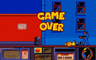 Dick Tracy (Amiga) screenshot: Got mowed down - Game Over!