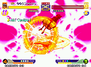 Waku Waku 7 (Neo Geo) screenshot: Arina performs accurately her HaraHara Attack "Arina Special" and, with this, gets to defeat Tesse!