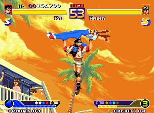 Waku Waku 7 (Neo Geo) screenshot: Rai striking back Arina through his air-spinning-based WakuWaku Attack Dai Kaiten High Jump Touge...