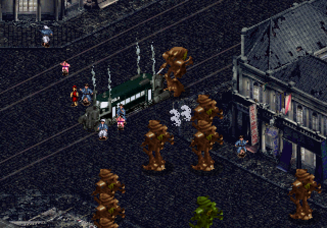 Sakura Taisen 2: Kimi, Shinitamou Koto Nakare (SEGA Saturn) screenshot: The enemy robots are destroying trams, scaring people away.