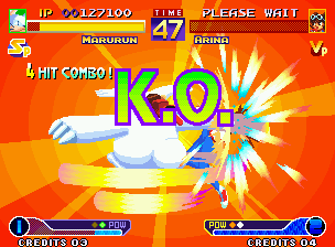 Waku Waku 7 (Neo Geo) screenshot: Marurun getting to knock-out Arina through four massive hits of his move Bunbun Copter (ES Mode)...