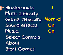 Math Blaster: Episode One - In Search of Spot (SNES) screenshot: Options screen.