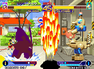 Waku Waku 7 (Neo Geo) screenshot: Could Politank Z's HaraHara Attack Bikkuri Dokkiri Dan be stopped by Slash's ES Move "Slash Shot"???