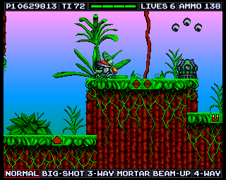 Venus the Flytrap (Amiga) screenshot: This screen-shot is from the Creeping Swamp. The enemy is a smaller version of an earlier boss.