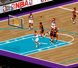 NBA Live 98 (SNES) screenshot: Colors vary with the home team.