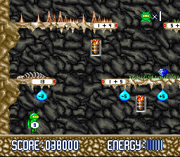 Math Blaster: Episode One - In Search of Spot (SNES) screenshot: Cave Runner: modify your number so you can advance while avoiding hazards like this bat monster.