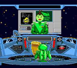 Math Blaster: Episode One - In Search of Spot (SNES) screenshot: Math Blaster gets his mission from the Galactic Commander.