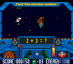 Math Blaster: Episode One - In Search of Spot (SNES) screenshot: Trash Zapper: using the tractor beam to collect space junk.