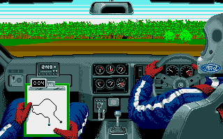 Lombard RAC Rally (Amiga) screenshot: Driving a muddy road