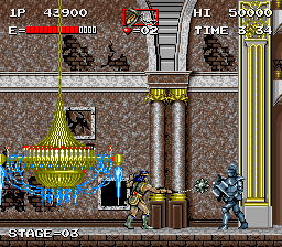 Haunted Castle (Arcade) screenshot: Falling chandelier and a knight
