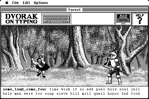 Dvorak on Typing (Macintosh) screenshot: The game (monochrome)