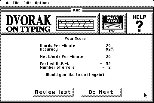 Dvorak on Typing (Macintosh) screenshot: Results (monochrome)