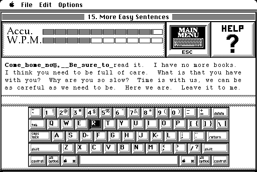Dvorak on Typing (Macintosh) screenshot: Doing a lesson (monochrome)