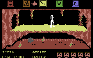 Dragon Skulle (Commodore 64) screenshot: Using a magical cloak, to avoid dying in this hot room.
