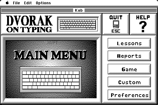 Dvorak on Typing (Macintosh) screenshot: Main menu (monochrome)