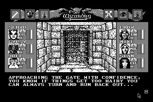 Wizardry: Bane of the Cosmic Forge (Macintosh) screenshot: Approaching the gate with confidence...