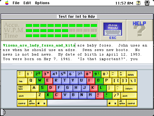 Dvorak on Typing (Macintosh) screenshot: An advanced lesson (color)