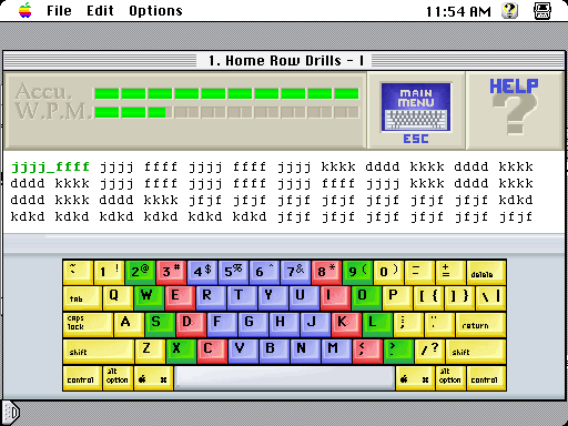 Dvorak on Typing (Macintosh) screenshot: Beginner lesson (color)