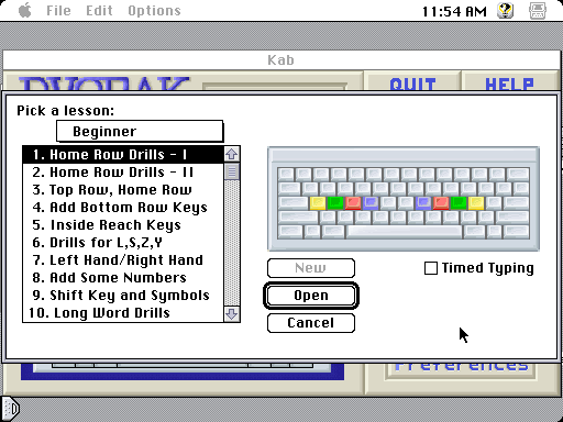 Dvorak on Typing (Macintosh) screenshot: Lessons selection (color)