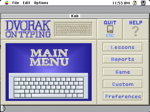 Dvorak on Typing (Macintosh) screenshot: Main menu (color)