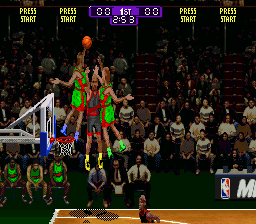 NBA Hangtime (SNES) screenshot: Everybody wants to get a piece of it.