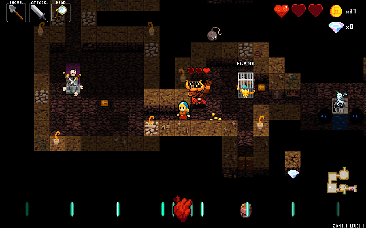 Crypt of the NecroDancer (Windows) screenshot: With gigantism (but at a cost) my character is now much larger.