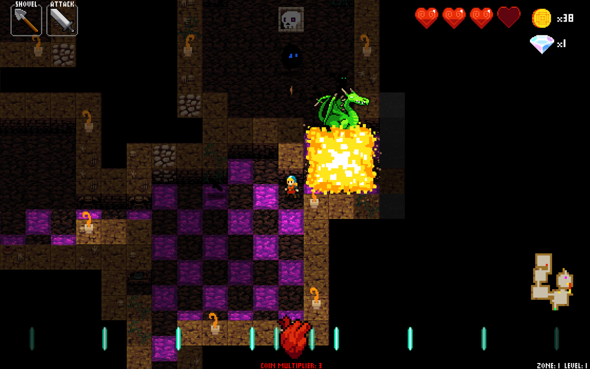 Crypt of the NecroDancer (Windows) screenshot: The bomb is not enough to kill the dragon.