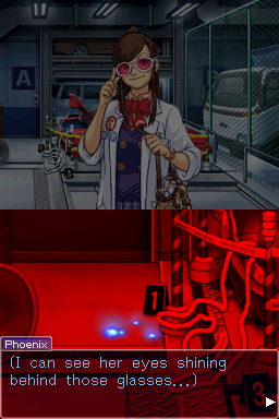 Phoenix Wright: Ace Attorney (Nintendo DS) screenshot: Case 5: Use special solution to uncover blood in the scenes