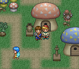 Mahōjin GuruGuru 2 (SNES) screenshot: These fairies live in mushroom huts.
