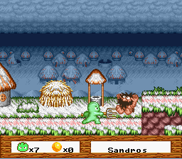 Whirlo (SNES) screenshot: Hitting enemies with your pitchfork.