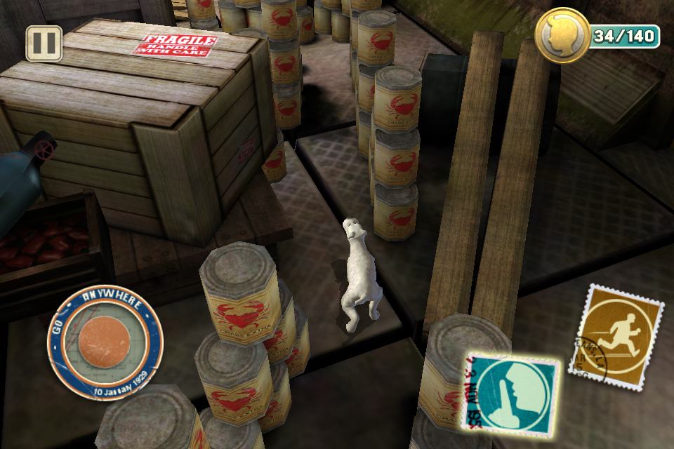 The Adventures of Tintin: The Game (iPhone) screenshot: Sneaking past these cans without them falling over