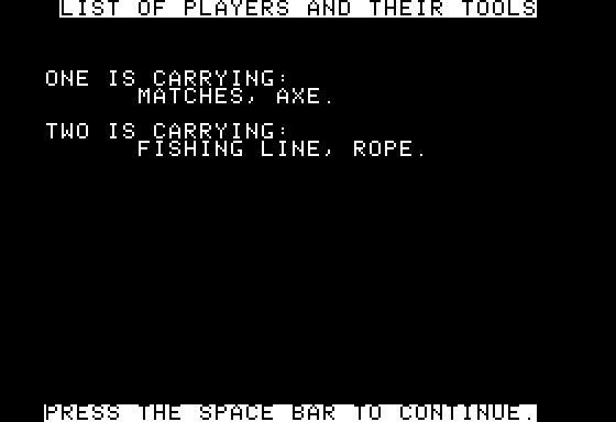 Raft-Away River (Apple II) screenshot: Players get their tools at the start