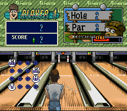 Super Bowling (SNES) screenshot: So many pins, only 2 throws for par.