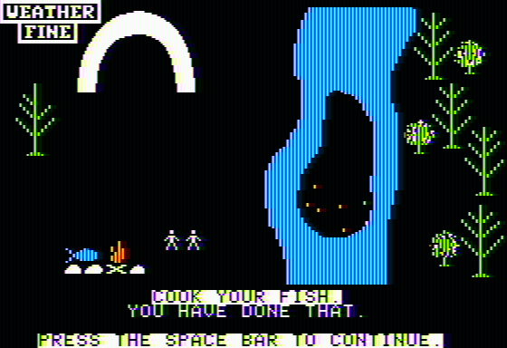Raft-Away River (Apple II) screenshot: Cooking fish on the fireplace