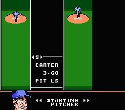 Baseball Stars 2 (NES) screenshot: Choosing starting pitcher. Carter pitches sidearm