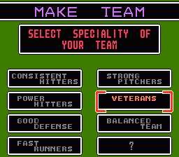 Baseball Stars 2 (NES) screenshot: Creating a team: choosing team specialty