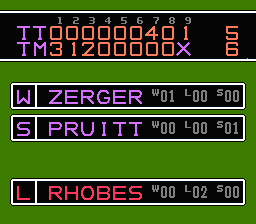 Baseball Stars 2 (NES) screenshot: Post-game report showing pitchers Win-Lose-Save