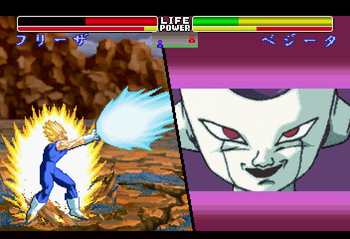 Dragon Ball Z: Shin Butōden (SEGA Saturn) screenshot: Frieza just smiles at pointless energy blasts.