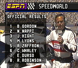 ESPN Speed World (SNES) screenshot: Official results