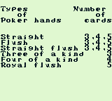 Square Deal (Game Boy) screenshot: Types of poker hands that will yield points.