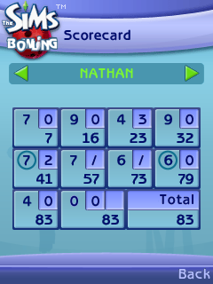 The Sims Bowling (J2ME) screenshot: Scorecard