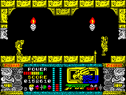 Jungle Warrior (ZX Spectrum) screenshot: After killing of the third tribal leaders opened the hatch to the caves. But the natives will not notice and will continue to step on the void. Amazing naive natives.